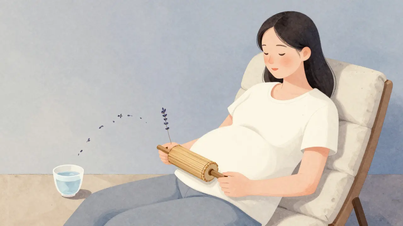 Těhotná žena používá bambusový válek na bříško ve večerní klidné atmosféře.