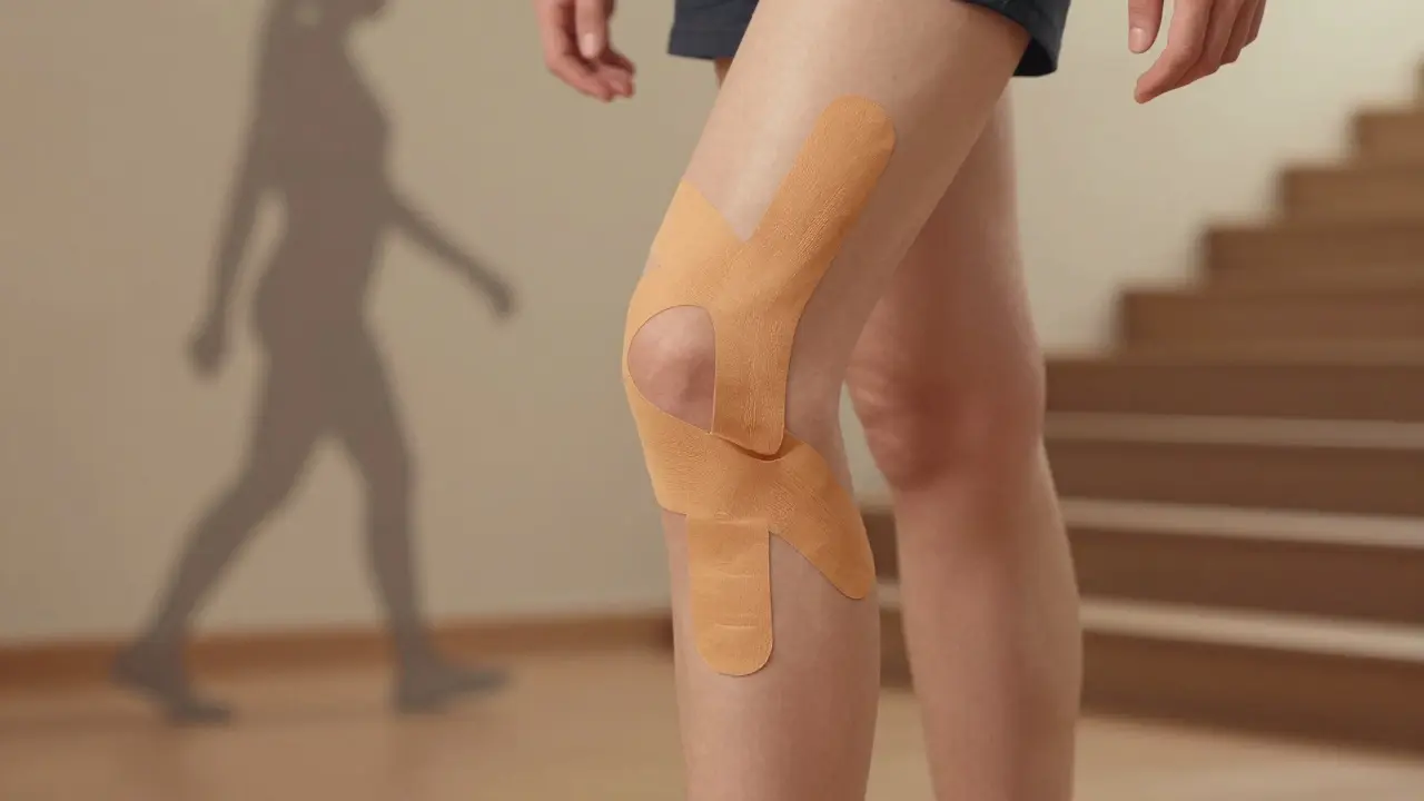 Tři proužky tejpu aplikované na koleno ve tvaru Y a I pro podporu kloubu.