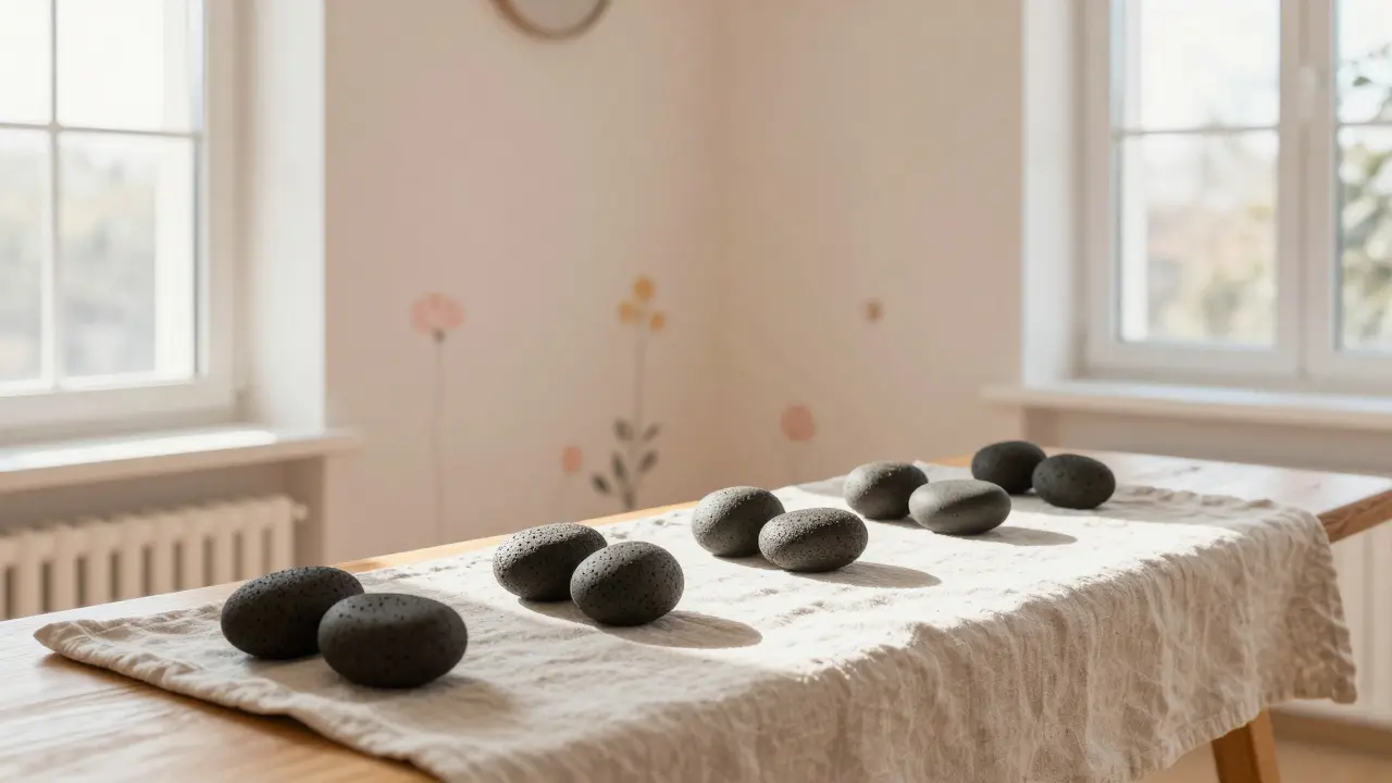 Uklidňující prostředí wellness centra v ČR s kameny na dřevěném stole.