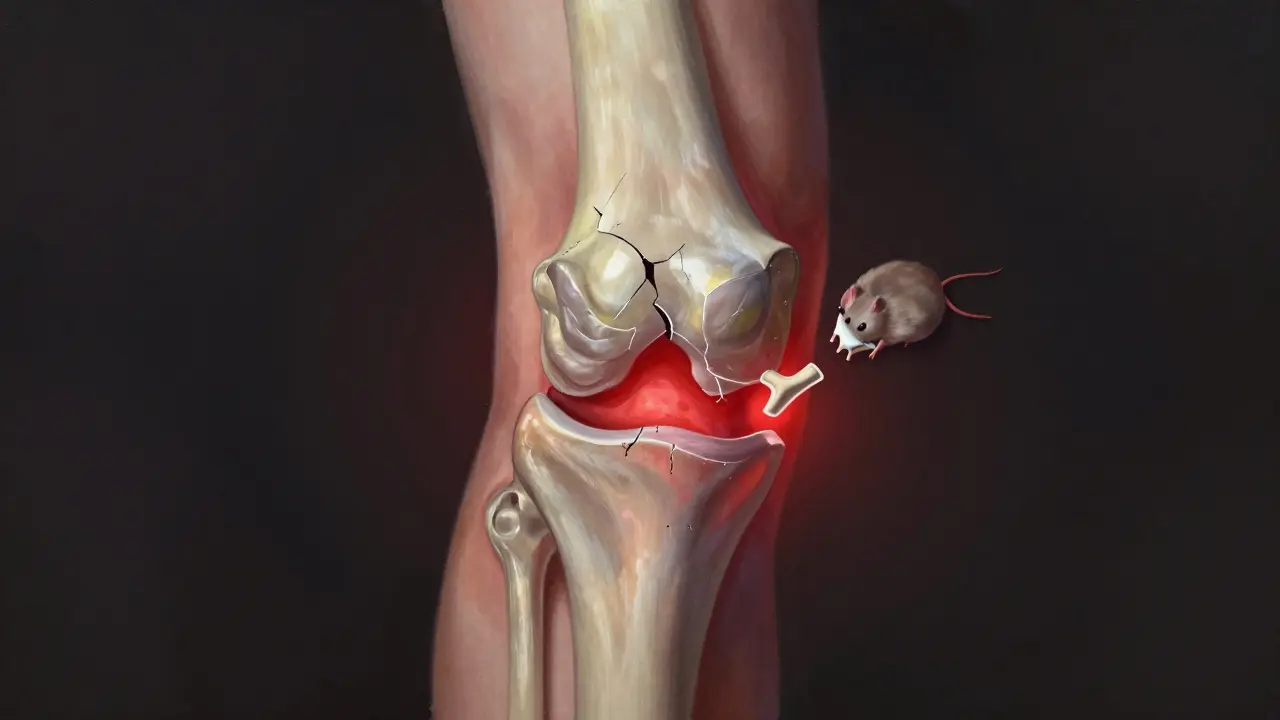 Vnitřní struktura kolena s poškozeným meniskem a uvolněným kouskem chrupavky.