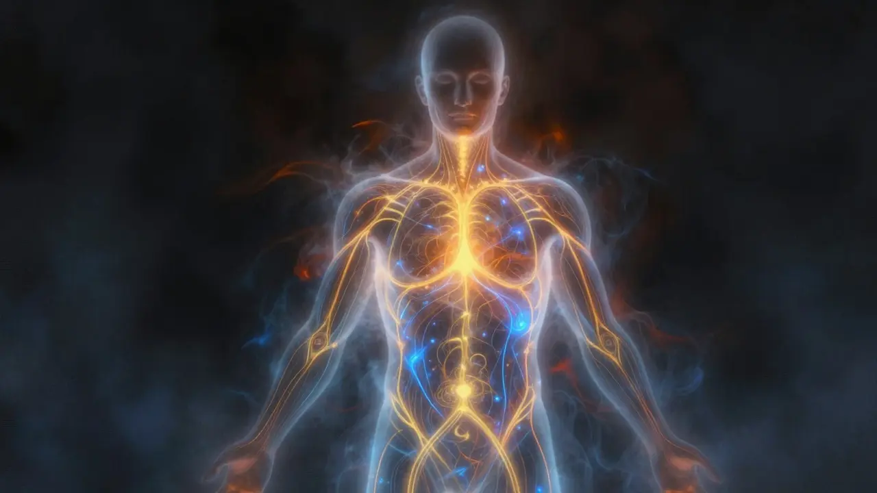 Abstraktní obrys těla s tekoucí energií.