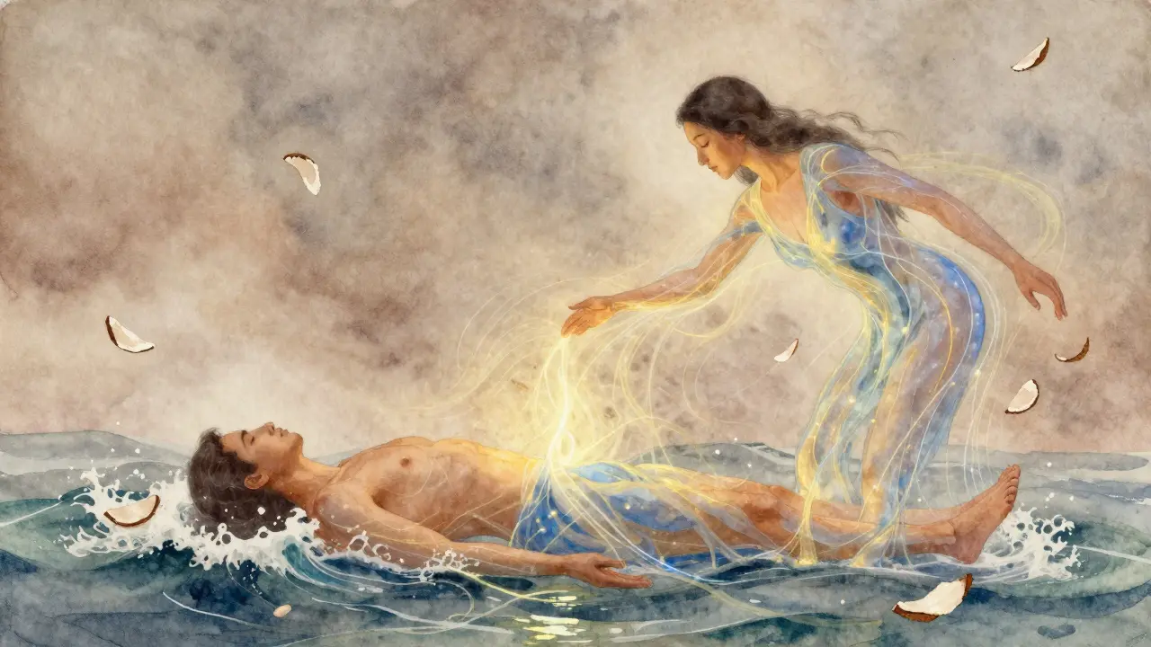 Energie v podobě zlatých a modrých proudů proudí mezi maséřem a klientem, symbolizující přenos klidu a léčebné energie.