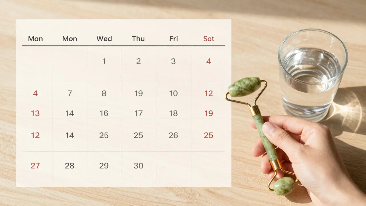 Kalendář s označenými dny masáže a domácím valítkem, symbolizující pravidelnou péči o kůži.