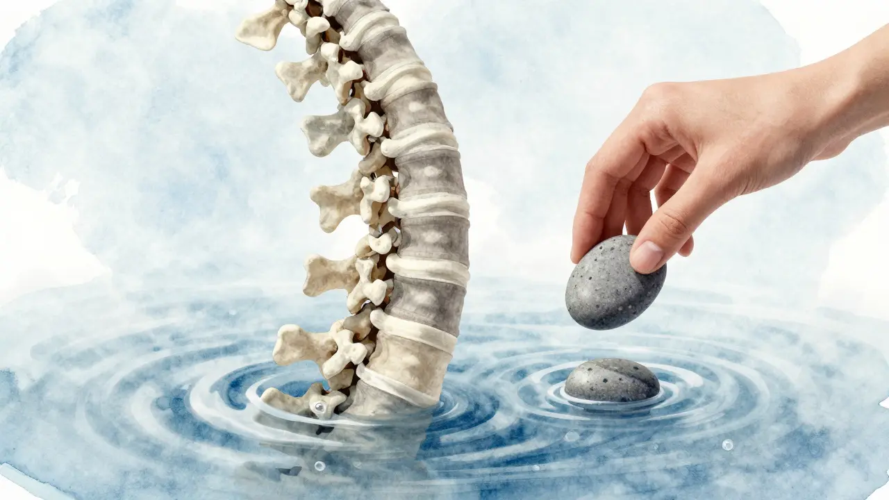 Krevní oběh a pohyblivost krční páteře symbolizované kameny ve vodě