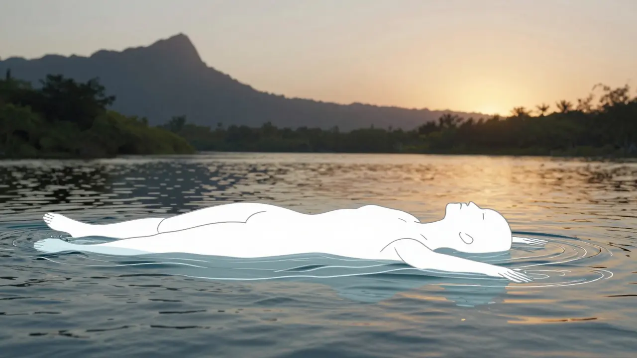 Minimální kresba člověka v řece, kde pohyby rukou připomínají vlny, vyjadřující plynulost a uvolnění těla.