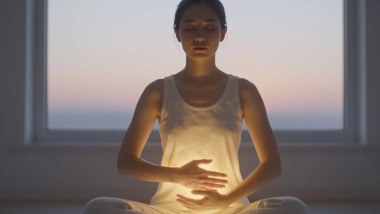 Osoba po sezení čínské masáže, zářící klid a obnova energie v těle.