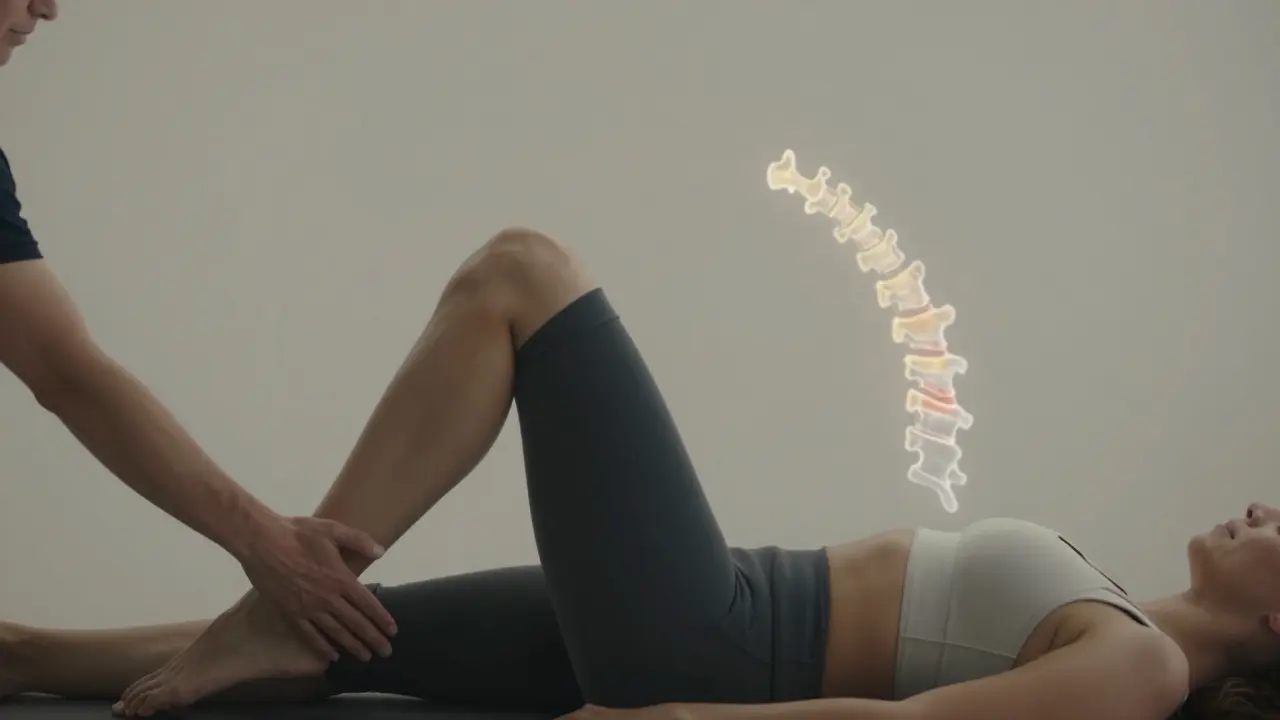 Pacient leží na zádech, terapeut jemně koriguje kyčli během sezení Dornovy metody.