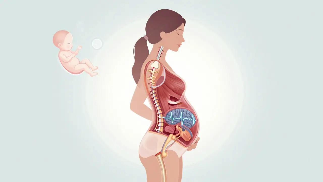 Průhledný náčrt těhotné ženy ukazující uvolnění svalů, zlepšený krevní oběh a klidné mozkové vlny během těhotenské masáže.