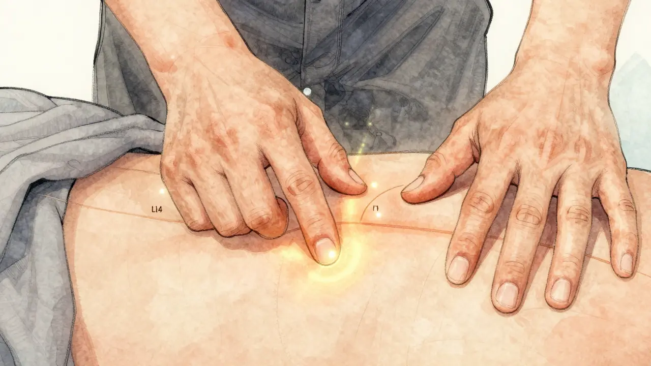 Ruce maséře tlačí na bod LI4, jemně zářící energie vyznačuje meridiány.