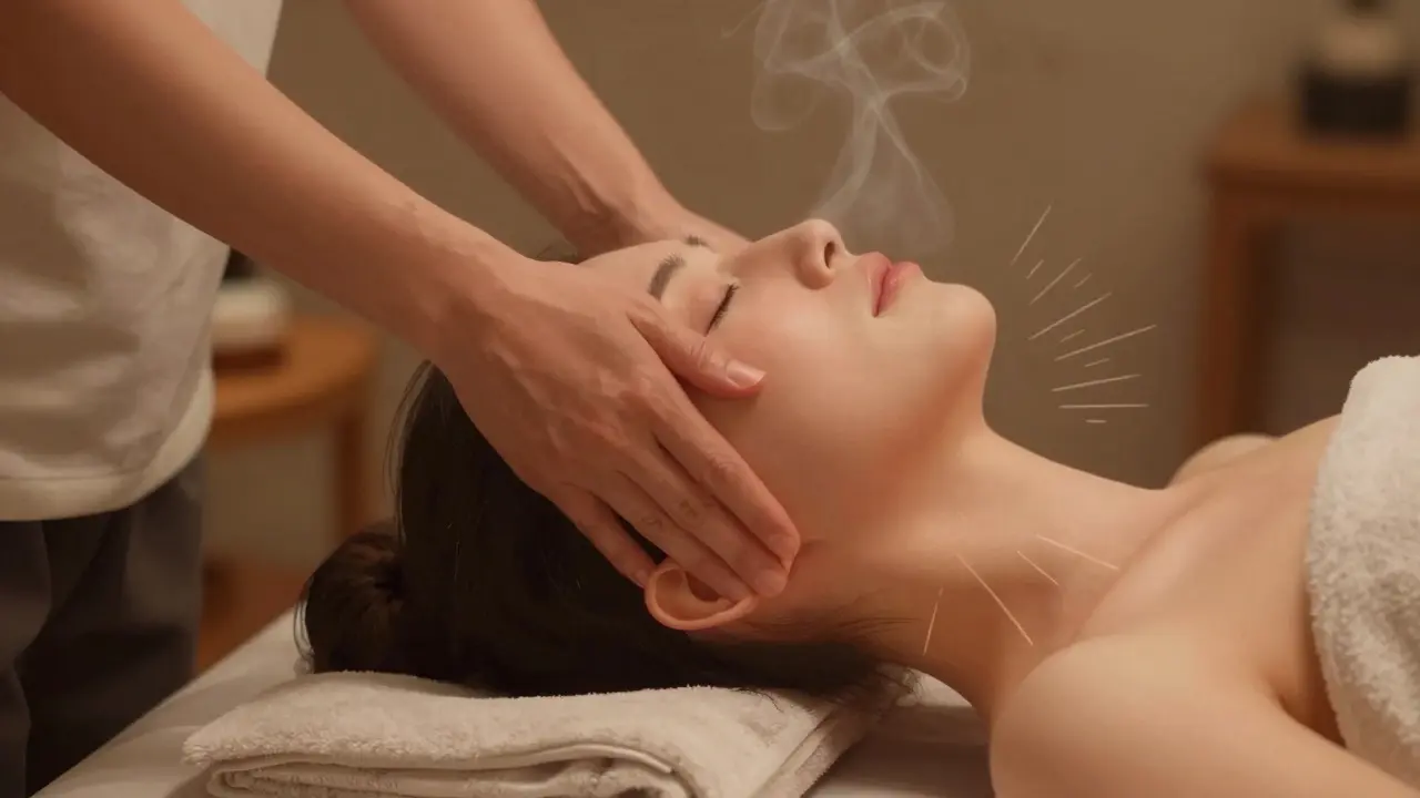 Terapeut masíruje základ krku jemným tlakem, uvolňování napětí