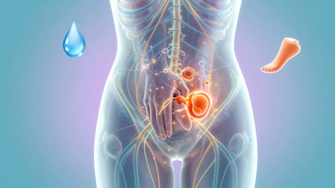 Transparenční ilustrace lymfatického systému s prouděním tekutin a rozkladem tukových buněk pod kůží.