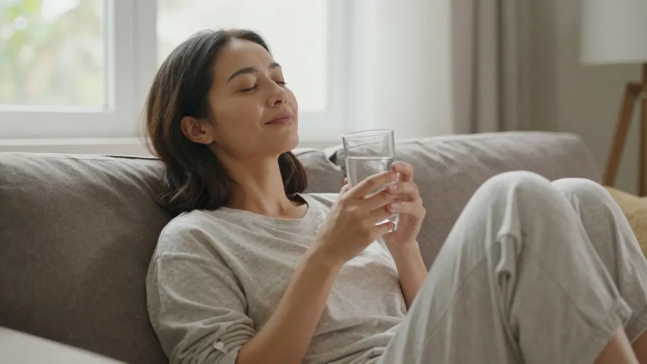 Žena odpočívá a pije vodu po terapii.