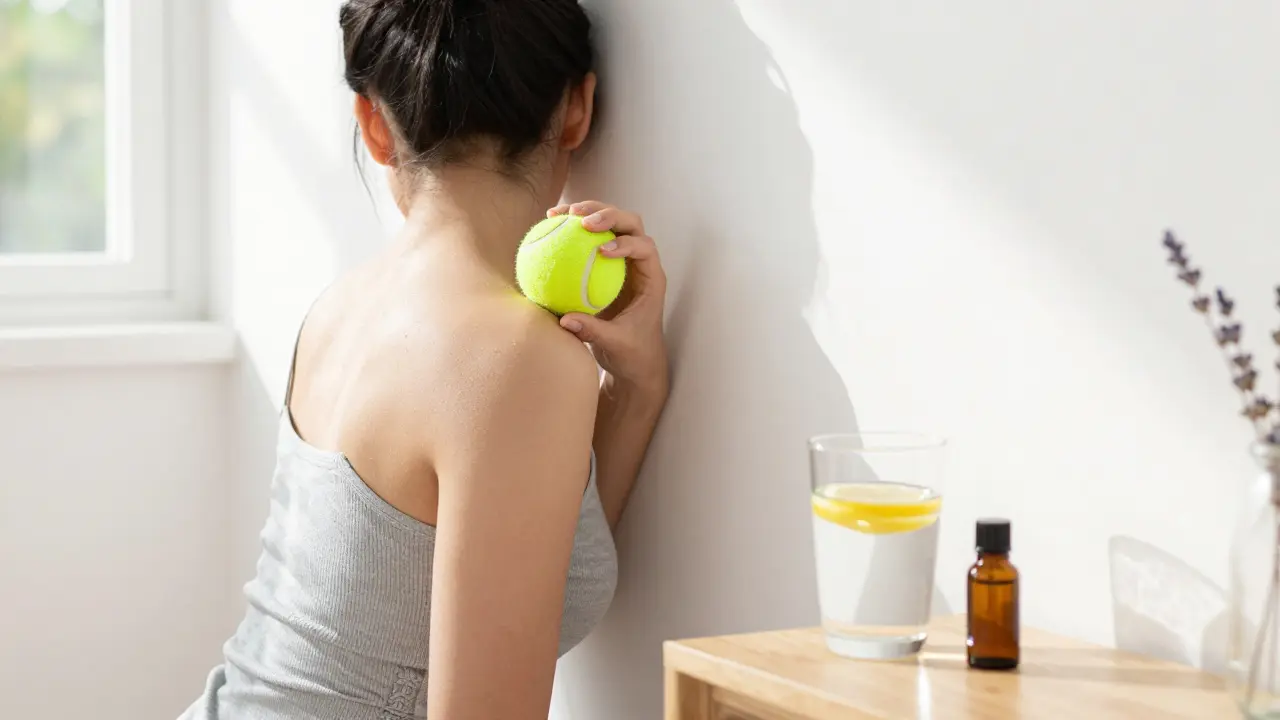 Člověk používá tenisový míček k domácí masáži zad u stěny vedle sklenice vody.