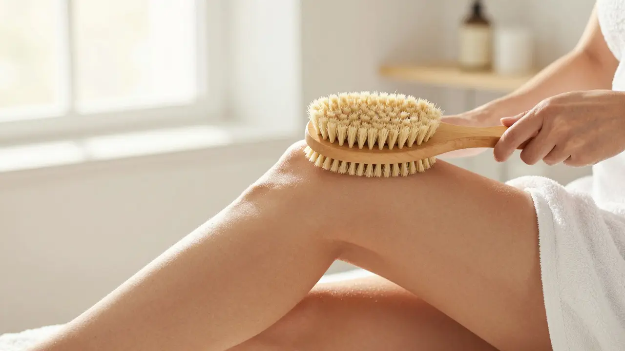 Detail nohy při používání kartáče pro dry brushing v koupelně
