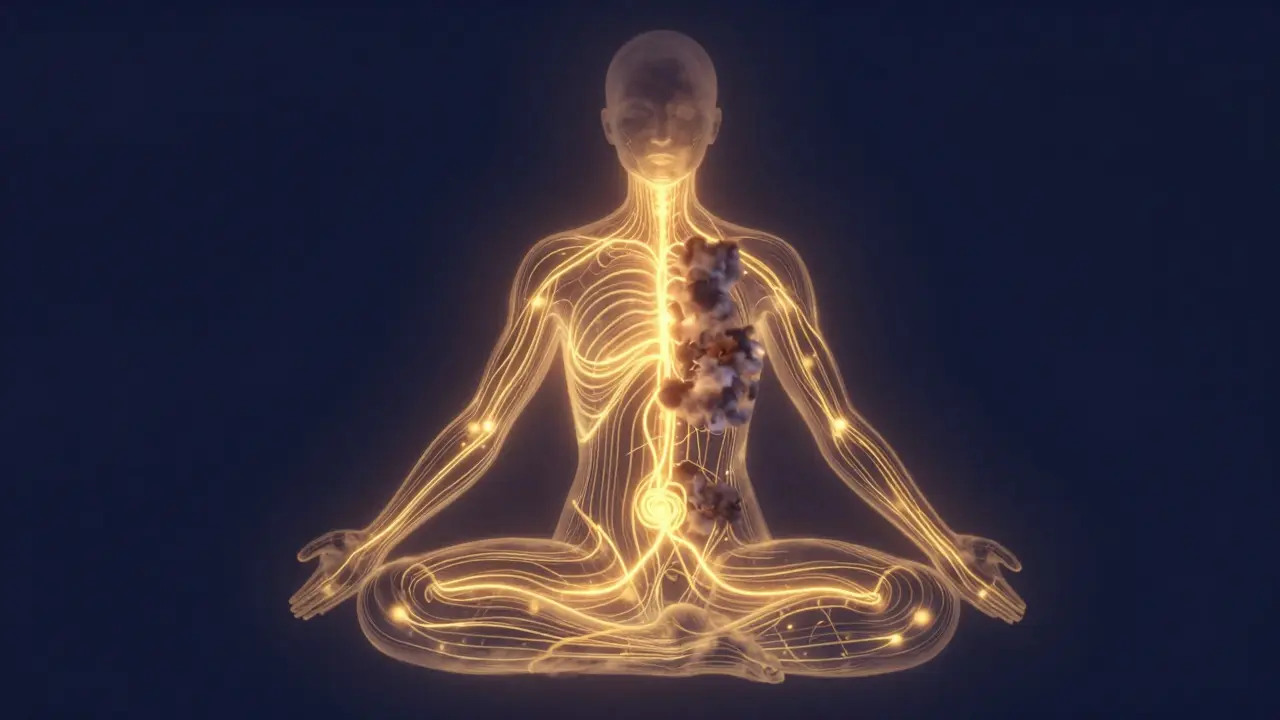 Ilustrace zlatých energetických linií Sen proudících lidským tělem.