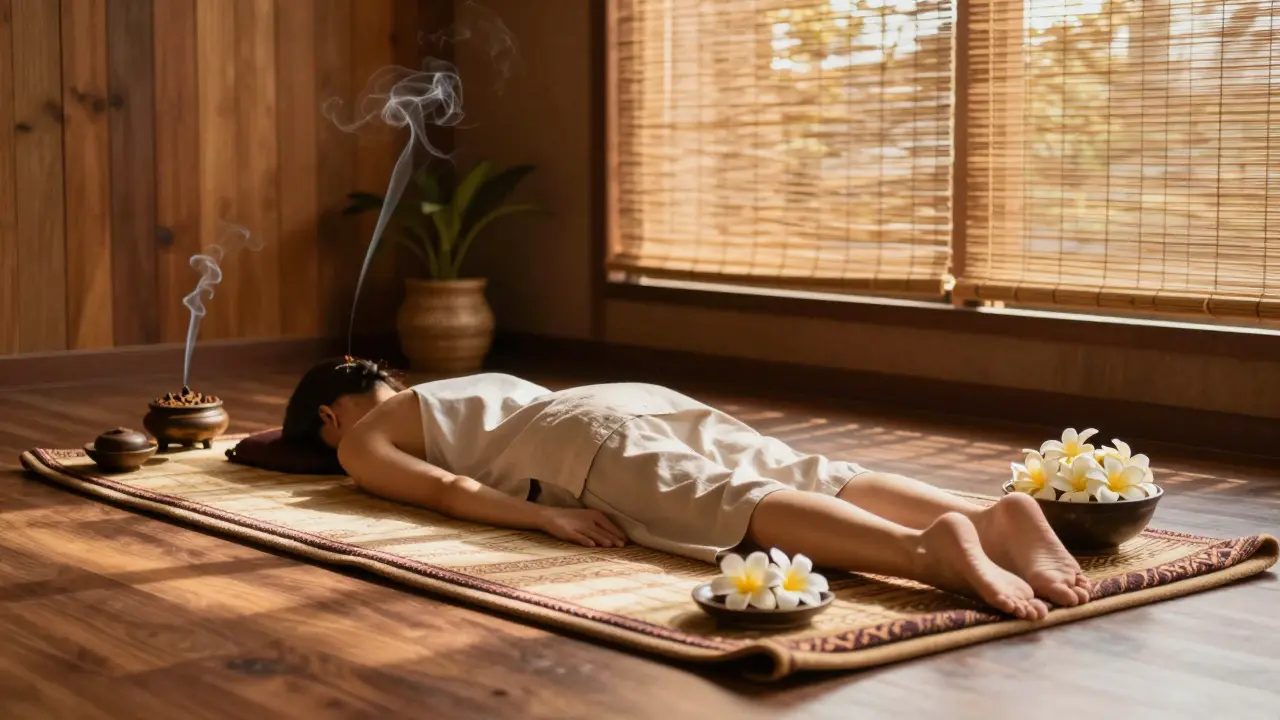 Klidný interiér thajského masážního studia s tradiční matrací a květinami.