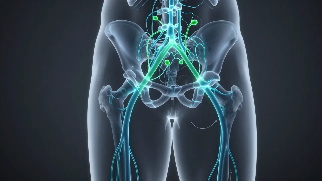 Konceptuální ilustrace lymfatického systému s ukázkou směru toku tekutin.