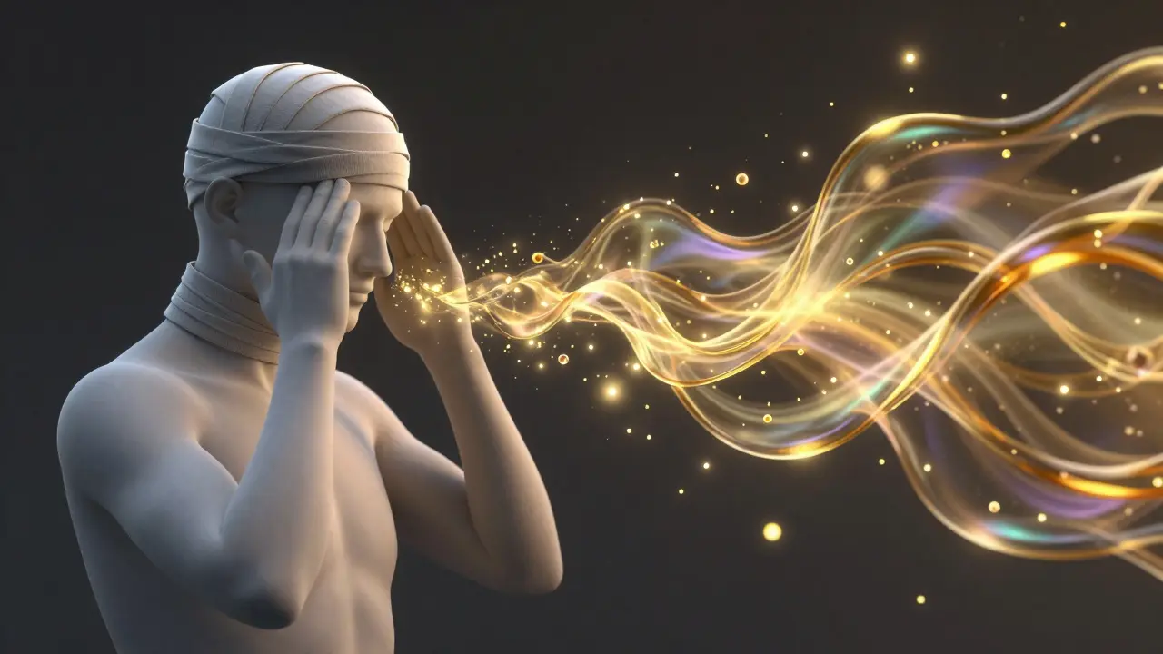 Konceptuální zobrazení uvolnění tlaku z hlavy a přechodu do stavu hluboké relaxace.