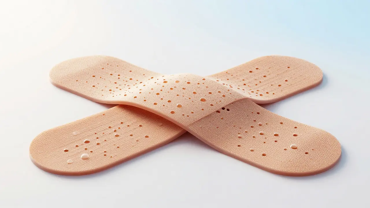 Mikroskopická 3D vizualizace vlnovité struktury akryllového lepidla na kineziologické pásce.