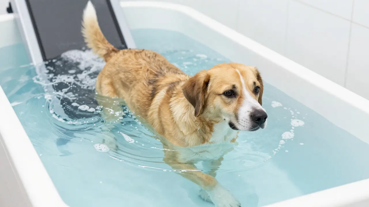 Pes při rehabilitaci v bazénu s podvodním běhacím pásem