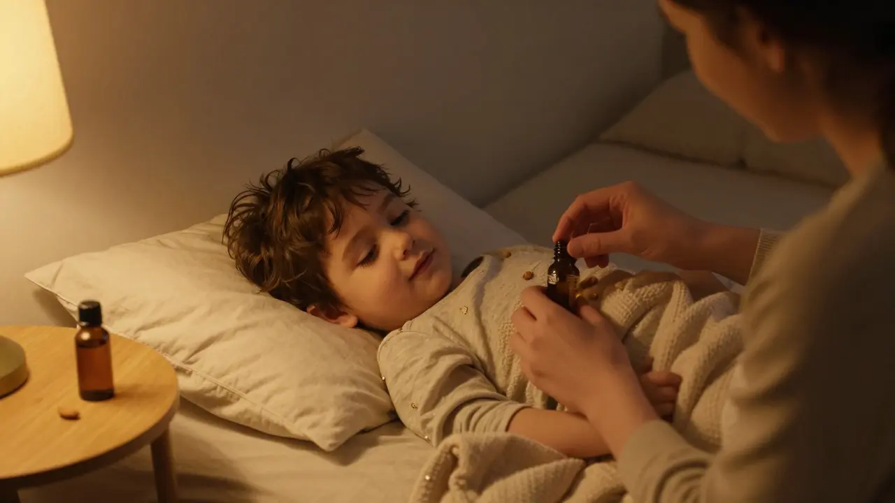 Rodič masíruje batole v útulné místnosti jako součást večerního rituálu.