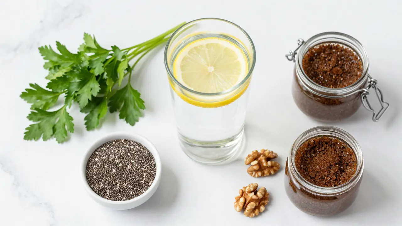 Sestava zdravých potravin, vlašských ořechů a vody pro detoxikaci