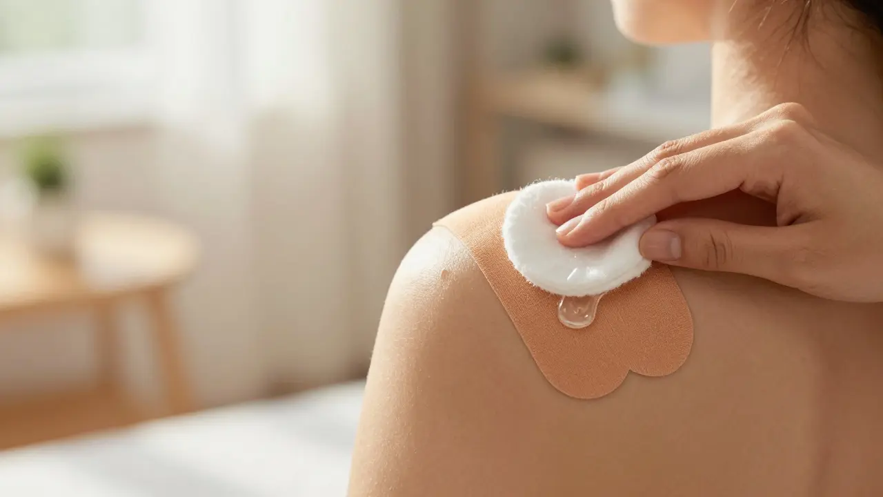 Šetrné sundávání kineziologického tejpů z ramene pomocí baby oleje v přirozeném světle.