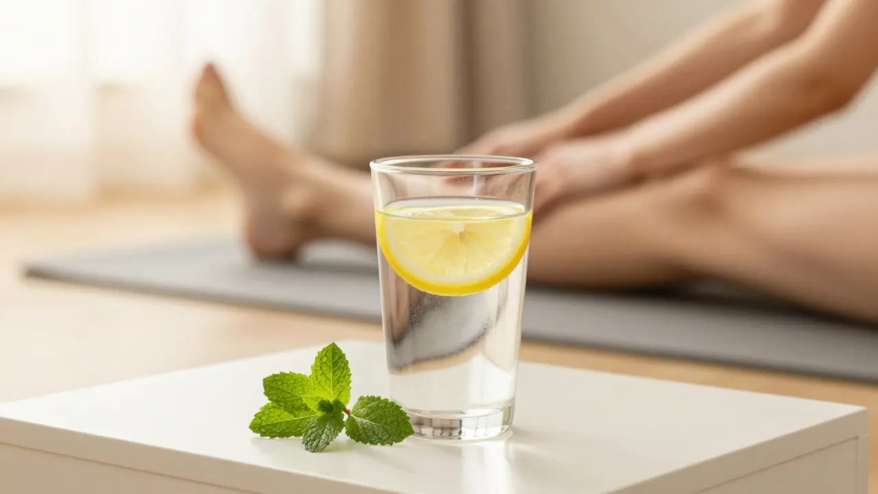 Sklenice vody s citronem a rozvlakovany člověk v pozadí.