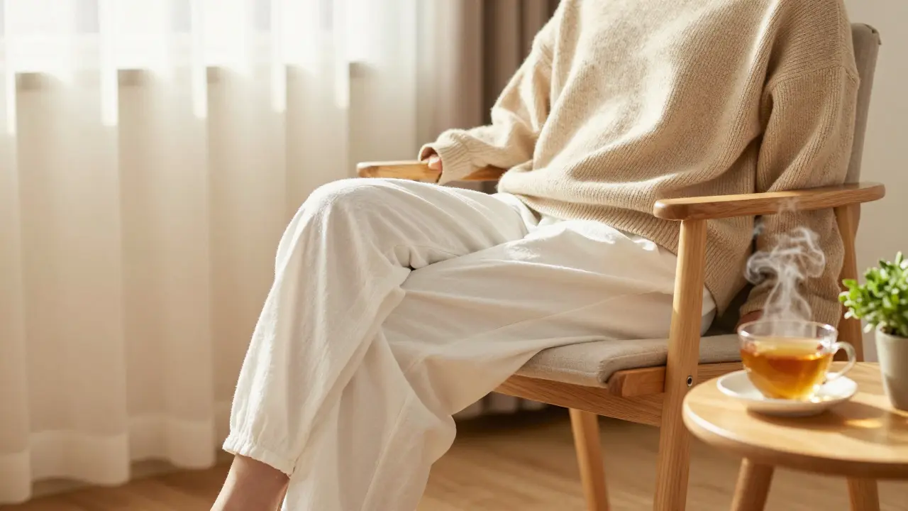 Volné bavlněné oblečení a bylinkový čaj v klidném interiéru
