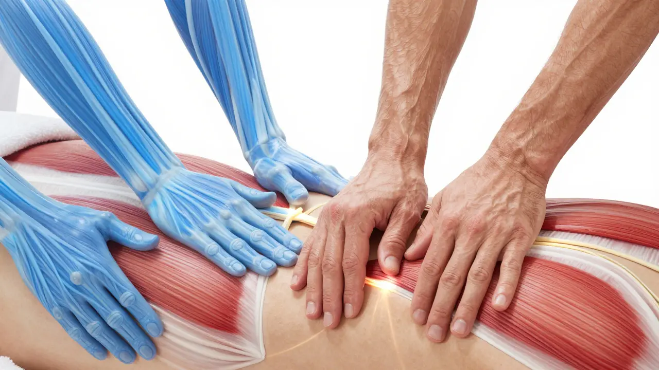 Anatomická vizualizace různých technik masáže na tkáních