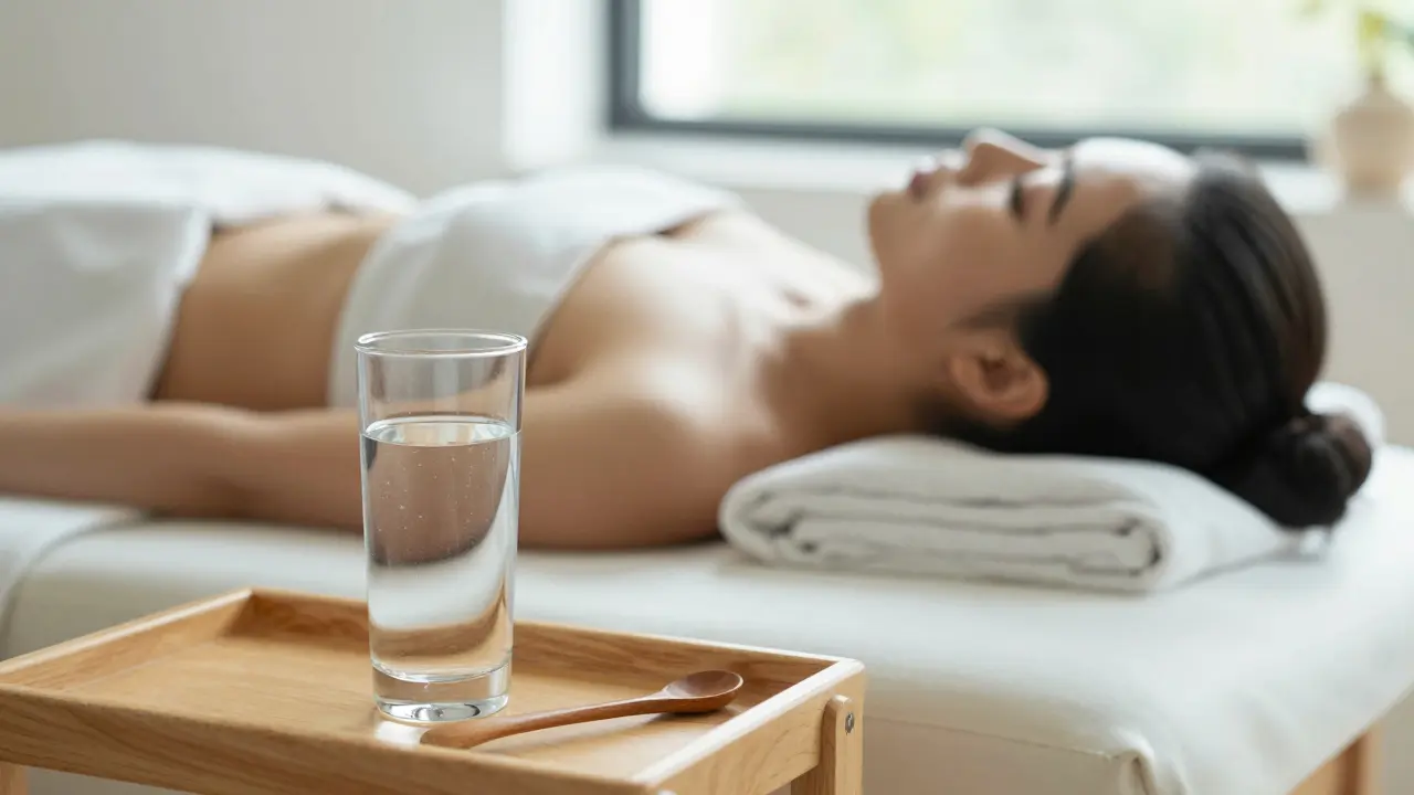 Osoba odpočívá po masáži vedle sklenice vody pro hydrataci