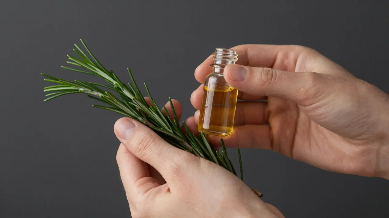 Ruce terapeuta drží masážní olej a bylinky