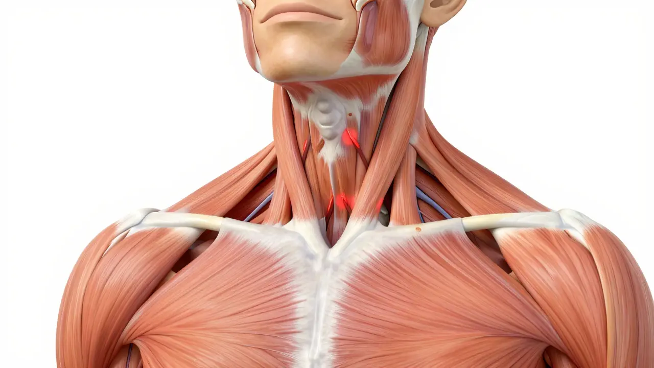 Anatomická ilustrace svalů krku s viditelnými spazmy