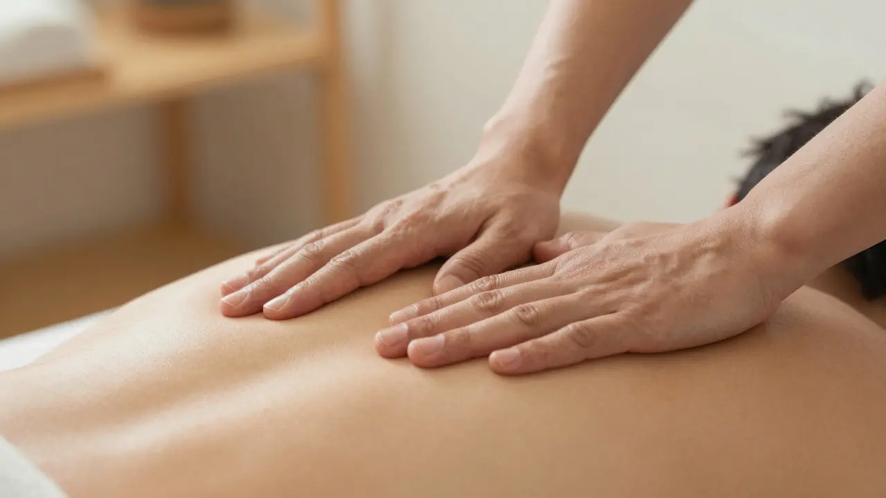 Záběr na ruce terapeuta provádějící hlubokou čínskou masáž Tui Na