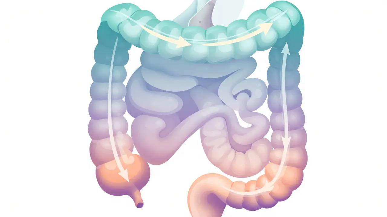 Abstraktní ilustrace znázorňující správný směr masáže podél anatomie velkého střeva