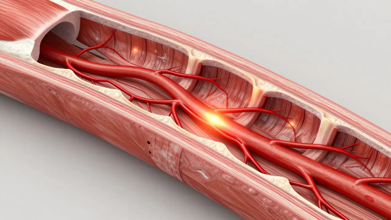 Anatomická ilustrace prokrevnění hlubokých svalů a obnovy mikrocirkulace