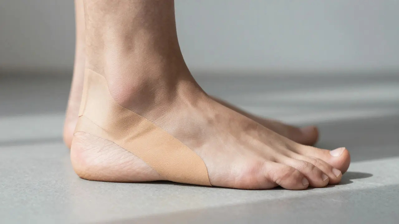 Foot with applied arch support tape standing for stability