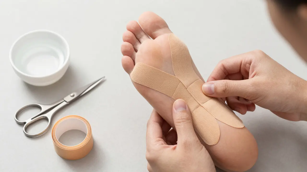 Hands applying Y-shaped kinesiology tape to foot sole with tools nearby