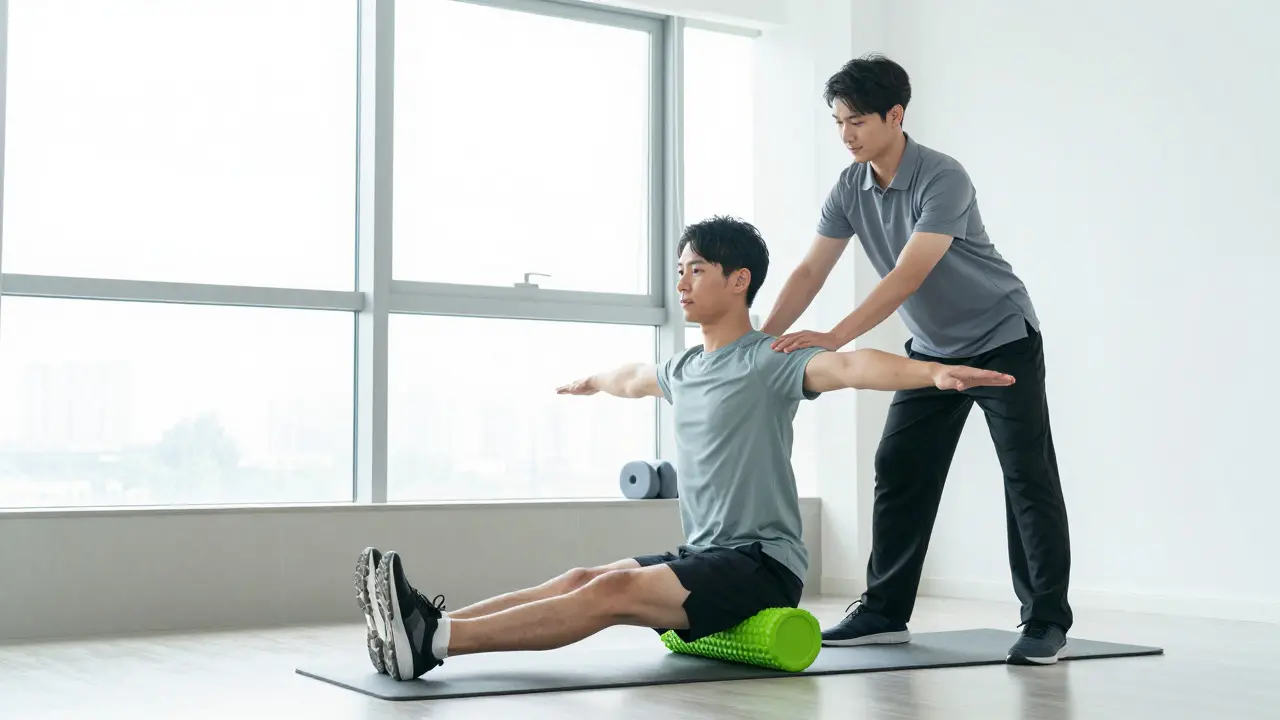 Sportovec se protahuje pod dohledem terapeuta v jasně osvětlené rehabilitační místnosti