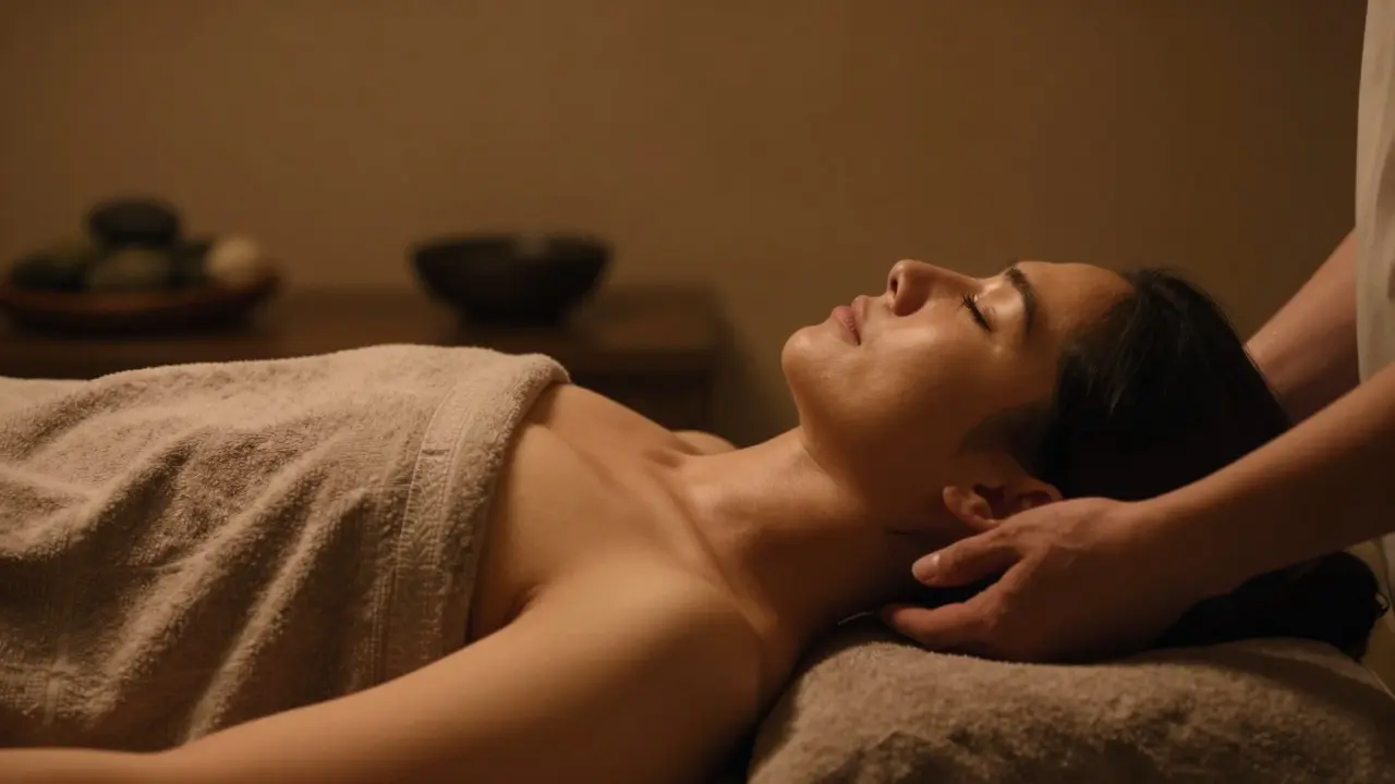 Uvolněná osoba v klidné místnosti pro wellness, symbolizující relaxaci a snížení stresu.