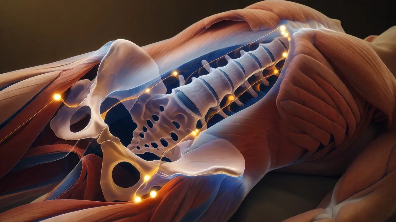 Konceptuální znázornění tlaku na akupresurní body v oblasti pánve