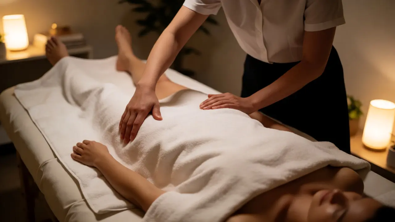 Terapeut provádí lymfatickou masáž nohou klienta v klidném prostředí wellness studia.