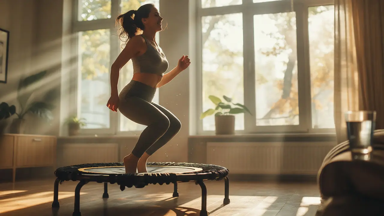 Žena cvičí rebounding na trampolíně pro podporu lymfy